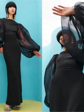 SOLACE LONDON Ziya Puff Sheer Balloon Sleeve Black Maxi Dress Size 2